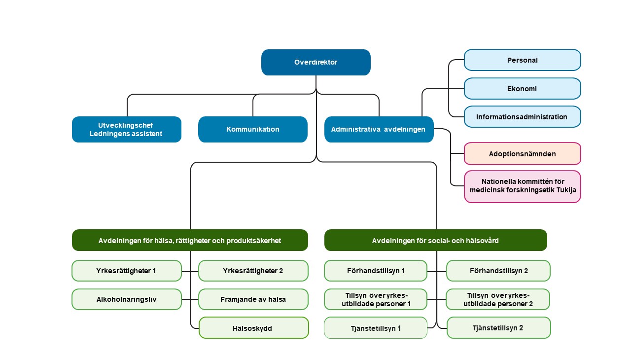 Du kan läsa innehållet av Valviras organisationsplan i texten under bilden.