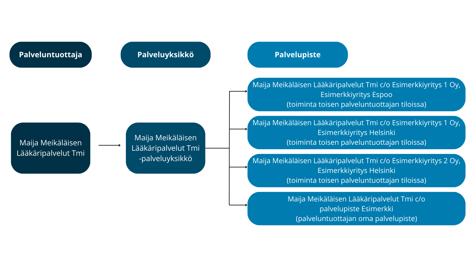 Kuvio palveluntuottajasta, palveluyksiköstä ja palvelupsiteestä.