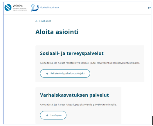 Soterin sähköisen asioinnin Aloita asiointi -näkymä.