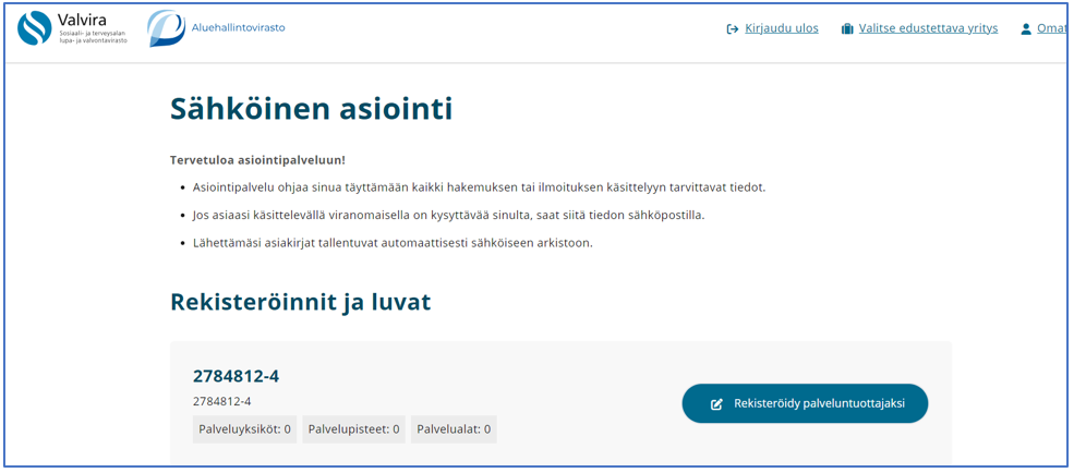 Soterin sähköisen asioinnin Rekisteröidy palveluntuottajaksi -painikenäkymä.