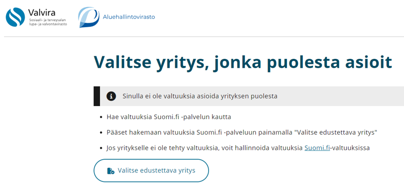 Kuvakaappaus Soterin sähköisestä asioinnista. Valitse yritys, jonka puolesta asioit.