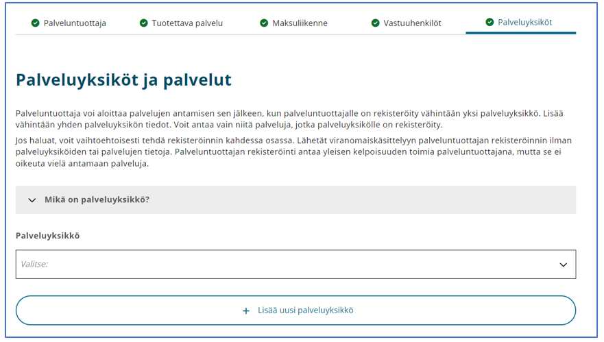 Soterin asiointi kohdassa Palveluyksiköt ja kehotus Lisää uusi palveluyksikkö.