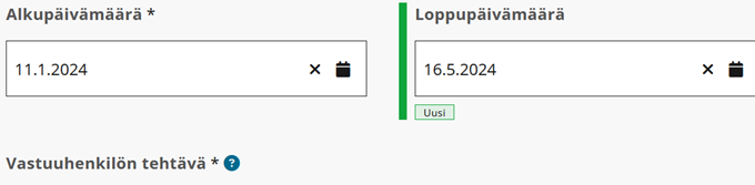 Alkupäivämäärän ja loppupäivämäärän kentät Soterin asioinnissa.