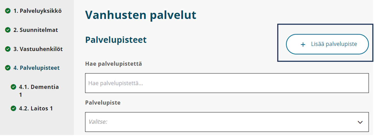 Näkymä, jossa palvelupiste lisätään.