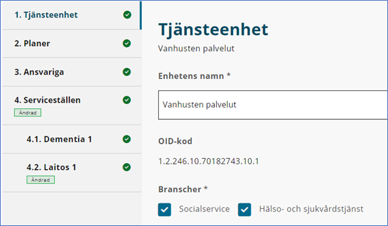 Efter valet öppnas på skärmen uppgifter om tjänsteenheten och till vänster en meny som visar de serviceställen som är registrerade för tjänsteenheten. 